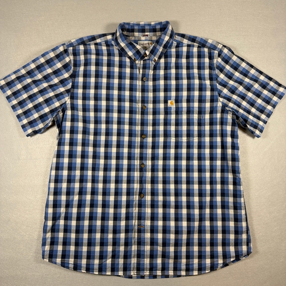Carhartt Button Up Shirt Men XL Blue Relaxed Fit Plaid Cotton Short Sleeve
